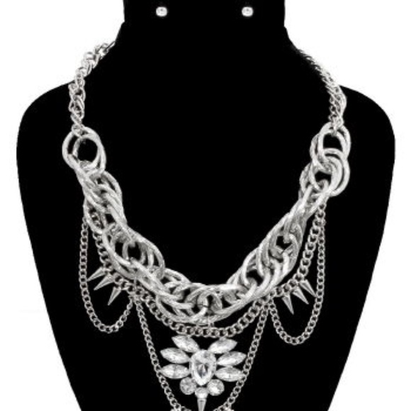 Silver Chain Drop with Stone Necklace and Earrings - Picture 3 of 3